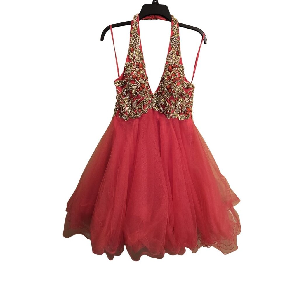 Short Red Tulle Formal Dress W/ Rhinestones & Sequins Halter Neckline Size 10 Ni